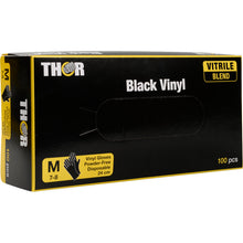 Eine schwarz-gelbe Schachtel mit der Aufschrift "Thor Black Vinyl, Vitrile Blend, Puderfrei" der Abena Re-Seller GmbH enthält 100 mittelgroße, puderfreie Einweghandschuhe. Die Verpackung zeigt die Vitrilmischung und enthält Größenangaben sowie Produktbilder.