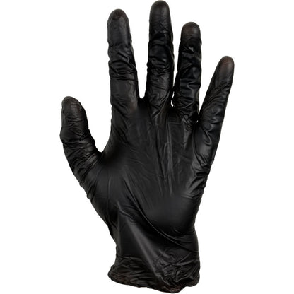 Eine erhobene linke Hand, die einen Handschuh der Abena Re-Seller GmbH Thor Black Vinyl, Vitrile Blend, Puderfrei mit leicht gespreizten Fingern trägt, wird vor einem weißen Hintergrund gezeigt.