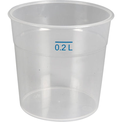 The transparent reusable drinking cup made of PP by Abena Re-Seller GmbH with a blue 0.2-liter marking is environmentally friendly, dishwasher safe, and stands empty against a plain white background.