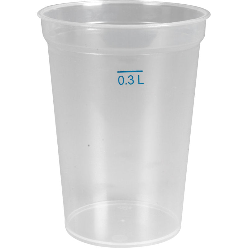 The transparent reusable drinking cup made of PP by Abena Re-Seller GmbH stands empty and upright against a white background. It is dishwasher safe, environmentally friendly, and perfect for sustainable use.