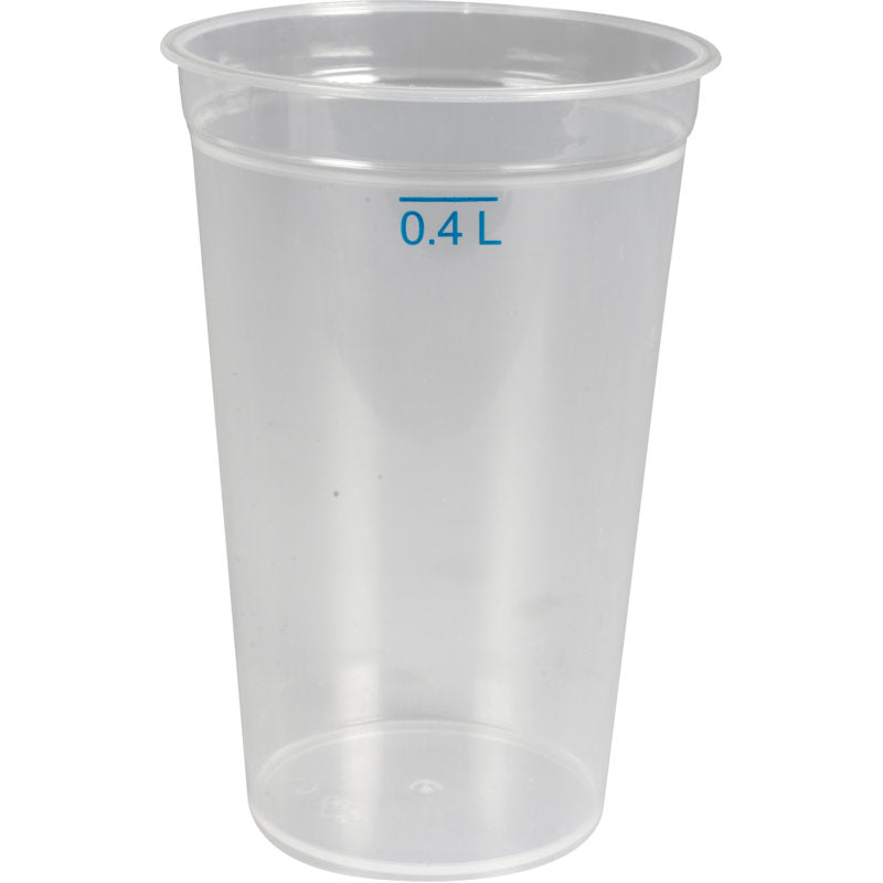 A transparent Abena Re-Seller GmbH reusable drinking cup (PP) with a 0.4 L blue measurement marking near the rim stands empty and dishwasher safe on a plain white background.