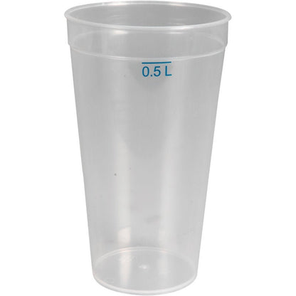 The transparent reusable drinking cup made of PP by Abena Re-Seller GmbH is dishwasher safe, environmentally friendly, holds 0.5 L, and has a blue marking. The empty cup stands against a white background.