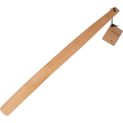 The ENA Living shoehorn with handle, 55 cm, beech from Abena Re-Seller GmbH has a flat, smooth surface and a hanging hole with a brown "shoehorn" tag attached with a string. Available in boxes of 12 pieces.