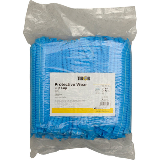 Ein durchsichtiger Plastikbeutel mit blauen Thor Cliphauben (ø 53 cm) von Abena Re-Seller GmbH, ideal für den professionellen Gebrauch in Salons. Die Produktinformation befindet sich auf einem weiß-gelben Etikett; auch Cliphauben oder Cliphauben genannt.