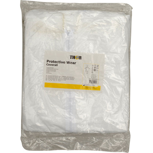 Ein Paket enthält einen gefalteten weißen Thor Einwegoverall. Auf dem Etikett steht "Protective Wear Coverall" mit Produktangaben, darunter der Markenname "Abena Re-Seller GmbH".