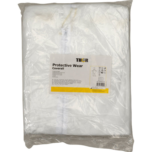 Ein weißes Thor Einwegoverall von Abena Re-Seller GmbH ist in eine durchsichtige Kunststoffverpackung gefaltet, die mit einem Etikett mit dem Produktnamen, dem Branding und zusätzlichen Informationen versehen ist.