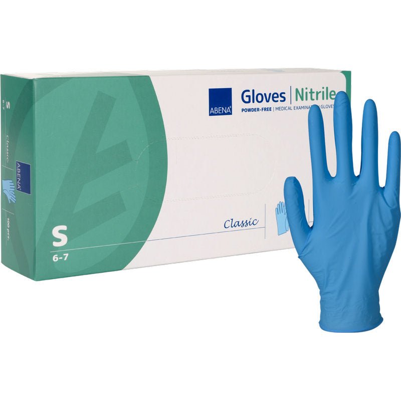 A white-green box from Abena Re-Seller GmbH, labeled "Nitrile Gloves Classic, Powder-Free, Blue" in Size S, lies next to a blue glove and indicates powder-free, medically suitable disposable gloves.