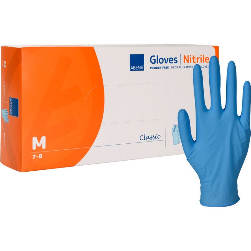 A package of Nitrile Gloves, Classic, powder-free, blue from Abena Re-Seller GmbH (Size Medium). A glove stands upright next to the white-orange box with product information.