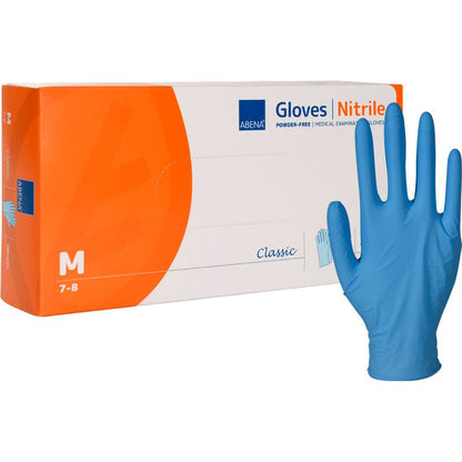 A package of Nitrile Gloves, Classic, powder-free, blue from Abena Re-Seller GmbH (Size Medium). A glove stands upright next to the white-orange box with product information.