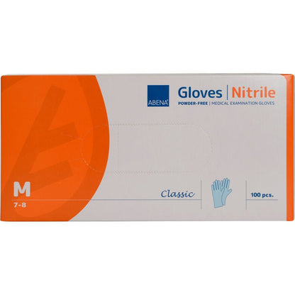 A box of Abena Re-Seller GmbH Nitrile Gloves Classic, powder-free, blue, Size medium (7-8), with 100 pieces. The packaging has blue and orange accents and shows a glove illustration.