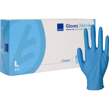 A box labeled "Nitrile Gloves, Classic, Powder-Free, Blue" from Abena Re-Seller GmbH with a prominent blue "L" for Large stands next to an upright glove; according to the box, these are powder-free medical examination gloves.