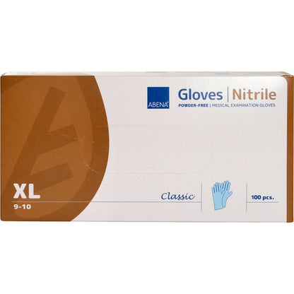 A box from Abena Re-Seller GmbH Nitrile Gloves Classic, powder-free, blue, Size XL (9-10), contains 100 medical examination gloves. The mostly white box has brown and blue accents and a glove illustration.