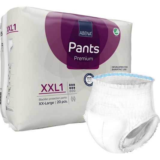 Eine Packung ABENA Pants XXL1, Premium von Abena Re-Seller GmbH (20 Paar), für Inkontinenz bei Erwachsenen, wird neben einer einzelnen aufgeklappten Hose gezeigt. Die Verpackung ist in den Farben Weiß und Lila gehalten.