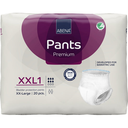 Eine 20er-Packung ABENA Pants XXL1, Premium von Abena Re-Seller GmbH, bariatrische Einwegunterwäsche für Erwachsene, Größe XXL1, mit Premium-Inkontinenzschutz und Produktabbildung auf der Vorderseite.