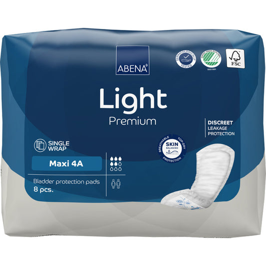 Eine Packung ABENA Light Maxi 4A, Premium von Abena Re-Seller GmbH enthält 8 Paar. Die blau-weiße Schachtel hebt den Hautschutz und die diskrete Auslaufkontrolle hervor, mit einem Pad unten rechts.