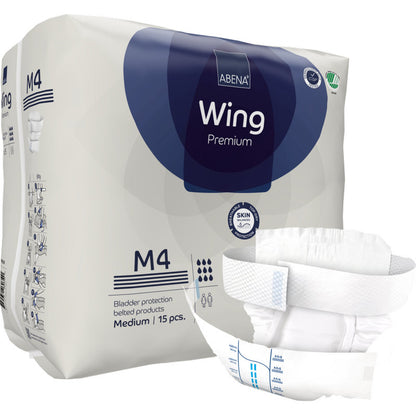 Abgebildet ist eine Packung ABENA Wing Premium von Abena Re-Seller GmbH mit 15 mittelgroßen Teilen und einem aufgeklappten Produkt an der Vorderseite - für optimalen Komfort und Schutz bei Blasenbedarf.