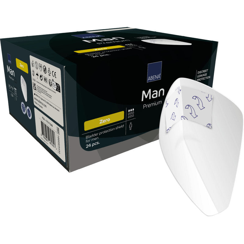 Eine Schachtel mit der Aufschrift "ABENA Man Zero, Premium" der Abena Re-Seller GmbH (Packung mit 24 Paaren) enthält diskrete Blasenschutzschilder für Männer; vorne ist ein weißes Pad mit blauer Markierung abgebildet, das diskreten Schutz bietet.