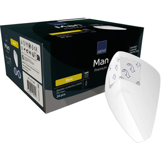 Eine Schachtel mit der Aufschrift "ABENA Man Zero, Premium" der Abena Re-Seller GmbH (Packung mit 24 Paaren) enthält diskrete Blasenschutzschilder für Männer; vorne ist ein weißes Pad mit blauer Markierung abgebildet, das diskreten Schutz bietet.