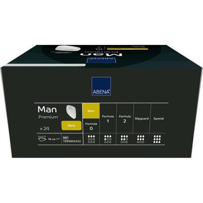 Eine rechteckige Schachtel ABENA Man Zero, Premium von Abena Re-Seller GmbH enthält 24 Stück. Die dunkle Packung mit weißen und gelben Akzenten hebt den diskreten Schutz hervor und verfügt über Icons für Saugstärken und Produktangaben.