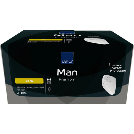 Eine Packung ABENA Man Zero, Premium von Abena Re-Seller GmbH, enthält 24 Paar und bietet diskreten Auslaufschutz mit Null-Saugstärke für Männer.