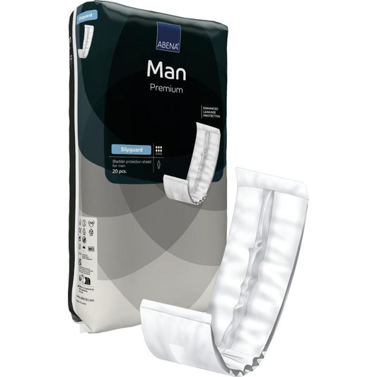 Eine Packung ABENA Man Slipguard, Premium von Abena Re-Seller GmbH (20 Paar) ist neben einem aufgeklappten Schild abgebildet und hebt das saugfähige Futter und die konturierte Form für optimalen Schutz vor Inkontinenz hervor.