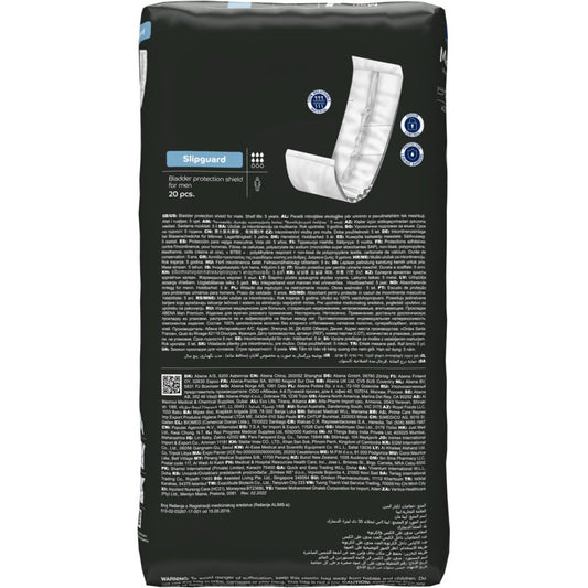 Eine Packung ABENA Man Slipguard, Premium | Packung (20 Paare) von Abena Re-Seller GmbH, mit Produktdetails und Icons auf einem schwarzen Hintergrund. In der oberen rechten Ecke erscheint die Illustration eines einzelnen Schildes.