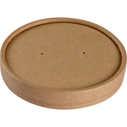 Ein brauner Deckel für Schale (ø 9,7 cm) aus Kraft/PE von Abena Re-Seller GmbH mit zwei kleinen Löchern in der Mitte, leicht schräg vor weißem Hintergrund gezeigt. Verpackung: 25 Paare.