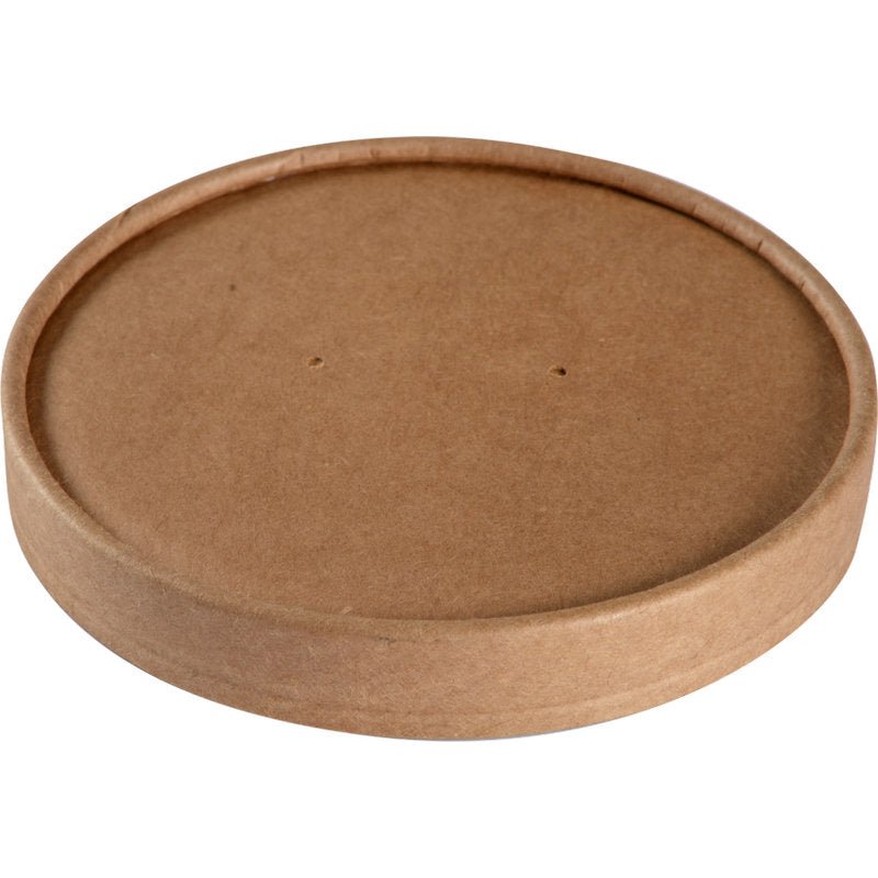 A round, flat, 11.5 cm Kraft/PE cardboard lid from Abena Re-Seller GmbH with two small center holes, photographed on white. Environmentally friendly and practical. Package: 25 pieces.