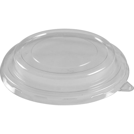 Ein transparenter RPET Deckel für Schale (ø14,5 cm) von Abena Re-Seller GmbH, auf dem Kopf stehend auf weißem Hintergrund. Er wird in Packungen mit 50 Paaren geliefert und passt in passende Behälter - ideal für die Aufbewahrung von Lebensmitteln oder zum Mitnehmen.