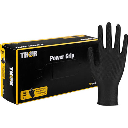 A box of Thor Power Grip, Black from Abena Re-Seller GmbH, size S 6-7, with an upright glove depicted. Perfect for strength training or weightlifting; the box contains 50 powder-free disposable gloves.