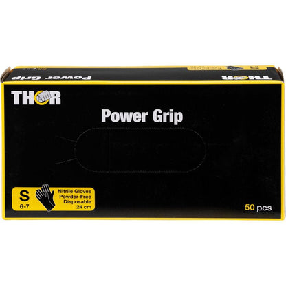 A black box with the inscription "Thor Power Grip, Black" from Abena Re-Seller GmbH contains 50 small-sized, powder-free disposable nitrile gloves for strength training or weightlifting. A yellow label on the front shows size S and 24 cm glove length.