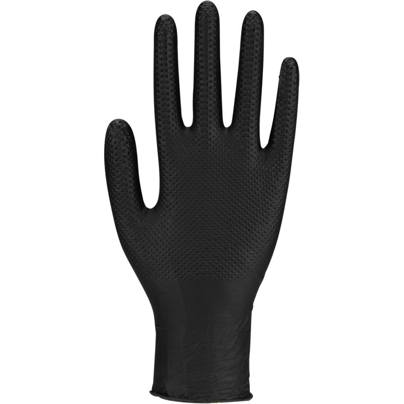 The Thor Power Grip, Black from Abena Re-Seller GmbH is a single black disposable glove shown upright with the palm facing forward. Its textured, thin material ensures excellent grip and flexibility - perfect for strength training or weightlifting.