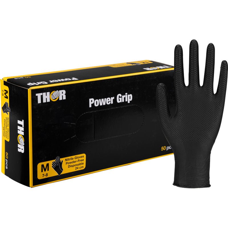 A black disposable nitrile glove, perfect for strength training or weightlifting, is pictured next to a black and yellow "Thor Power Grip, Black" box (size M, powder-free, 50 pieces) from Abena Re-Seller GmbH.