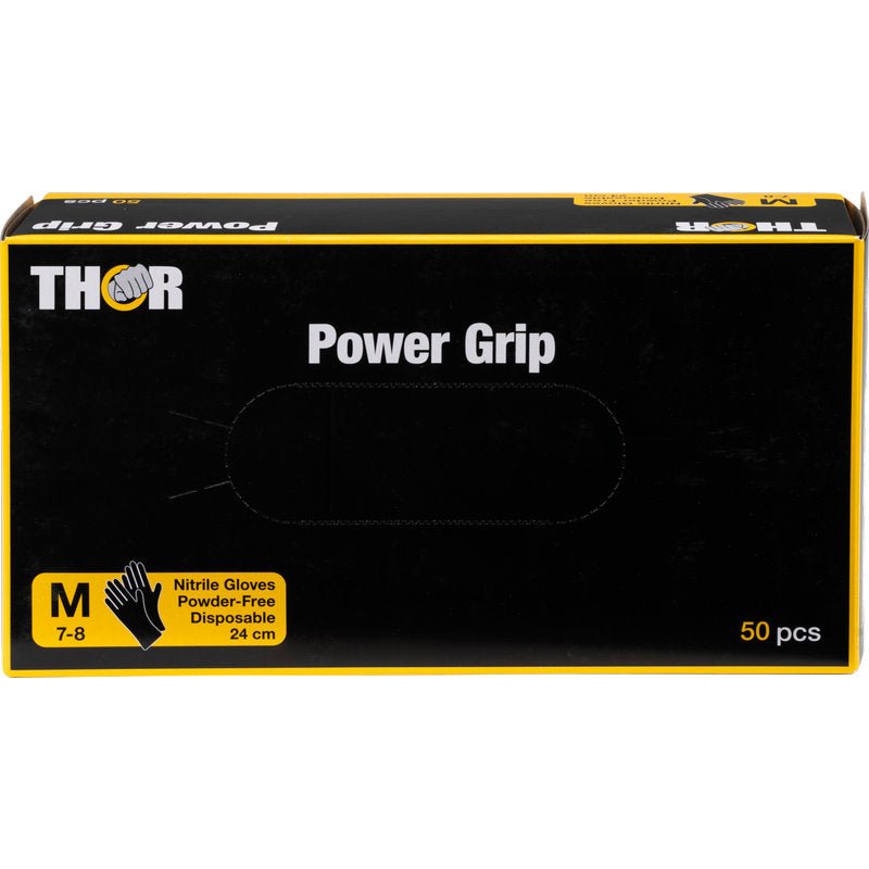 A box of Thor Power Grip, Black from Abena Re-Seller GmbH, contains 50 medium-sized (7-8), powder-free disposable nitrile gloves (24 cm). Black with yellow accents and glove illustration. Ideal for strength training or weightlifting.