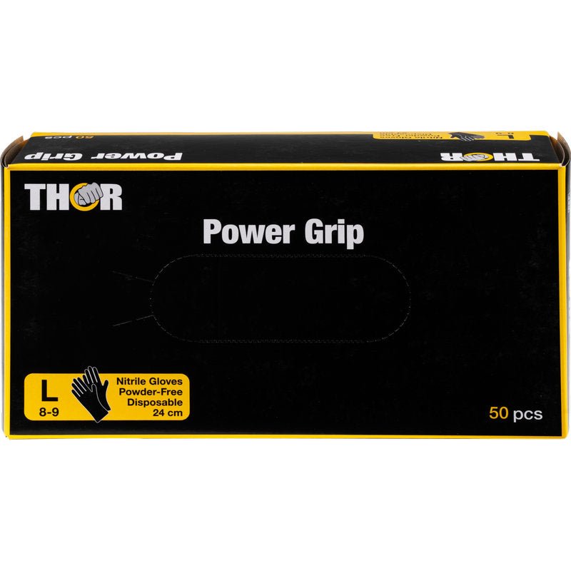 A black box with the inscription "Thor Power Grip, Black" from Abena Re-Seller GmbH contains 50 large (size L, 8-9), 24 cm long, powder-free nitrile gloves, ideal for strength training and weightlifting. Text and graphics are yellow and white.