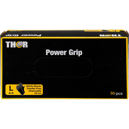 A black box with the inscription "Thor Power Grip, Black" from Abena Re-Seller GmbH contains 50 large (size L, 8-9), 24 cm long, powder-free nitrile gloves, ideal for strength training and weightlifting. Text and graphics are yellow and white.
