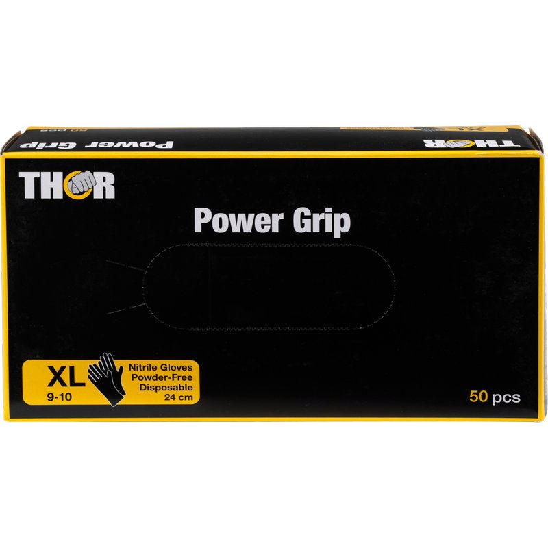 A black and yellow box of Thor Power Grip, Black nitrile gloves from Abena Re-Seller GmbH, size XL (9-10), powder-free, disposable, 24 cm long, 50 pieces per box. With product info and glove illustration on the front; ideal for strength training.