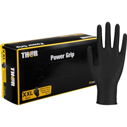 A black box with the inscription "Thor Power Grip, Black" from Abena Re-Seller GmbH in size XXL contains 50 black nitrile gloves for strength training or weightlifting. A glove stands upright next to the box.