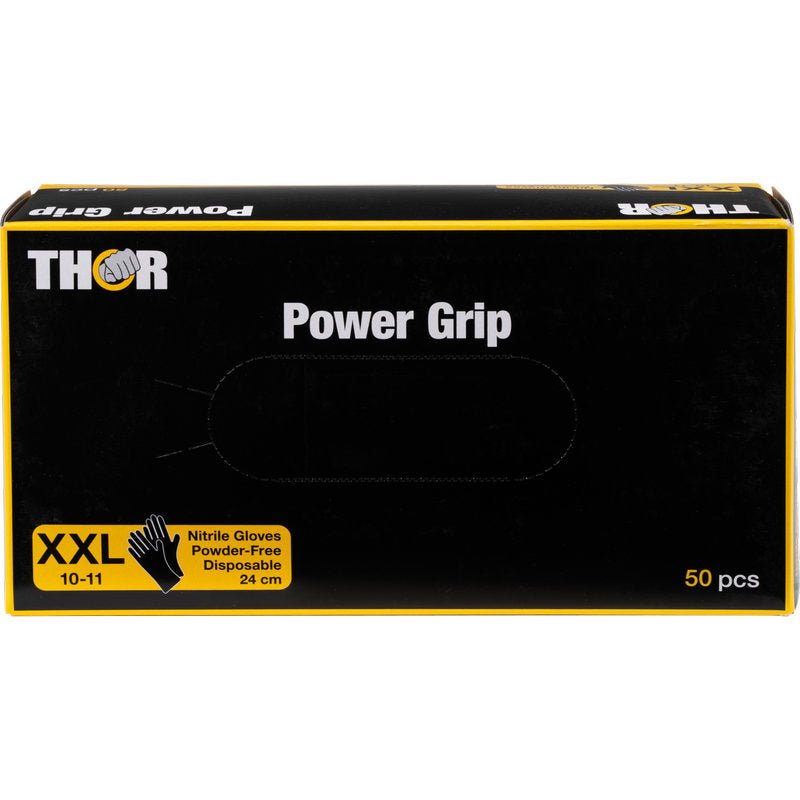 The Abena Re-Seller GmbH Thor Power Grip, Black box contains 50 black and yellow, powder-free disposable nitrile gloves in XXL format (10-11). The strength training inscription is printed on the front in white and yellow.