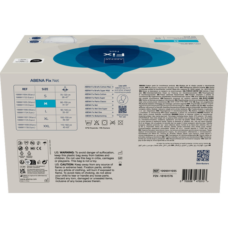 Eine beige-blaue Verpackung von ABENA Fix, Net Fixierhosen von Abena Re-Seller GmbH, Größe medium, zeigt eine Größentabelle, Produktcodes, Warnhinweise, mehrsprachige Infos auf der Seite, ist für Inkontinenzprodukte, und hat einen Barcode unten rechts.