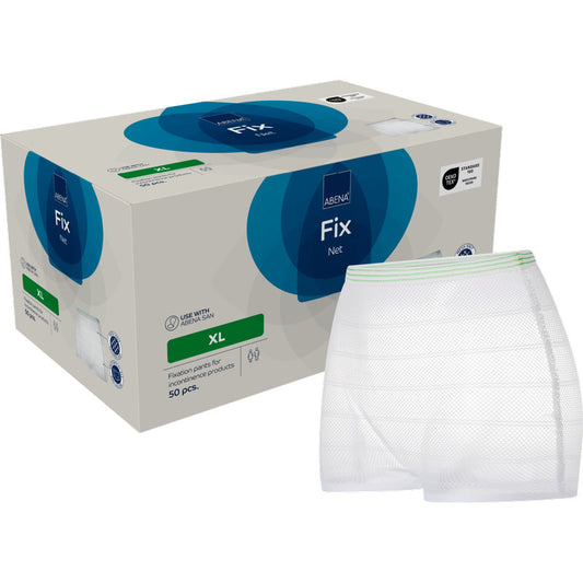 Eine weiße ABENA Fixierhose der Abena Re-Seller GmbH wird vor einer 50-teiligen "ABENA Fix Net XL"-Box gezeigt; unisex und ideal zur sicheren Fixierung von Inkontinenzprodukten.