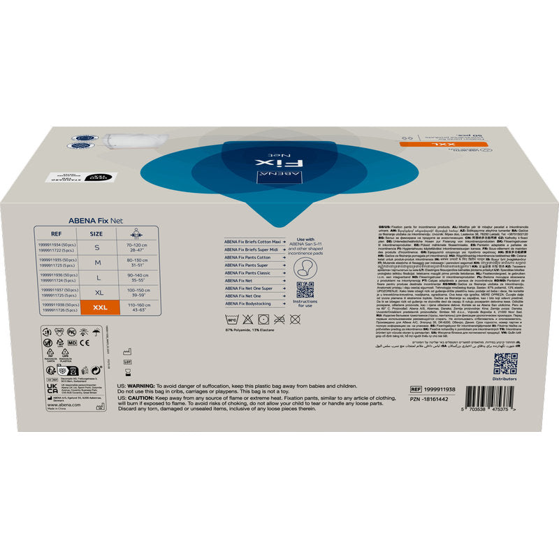 Eine rechteckige Schachtel mit Fixierhosen, ABENA Fix, Net von Abena Re-Seller GmbH, einem unverzichtbaren Inkontinenzprodukt. Die weiße Verpackung mit blauen Akzenten zeigt Produktdetails, Größentabelle und mehrsprachige Anweisungen.