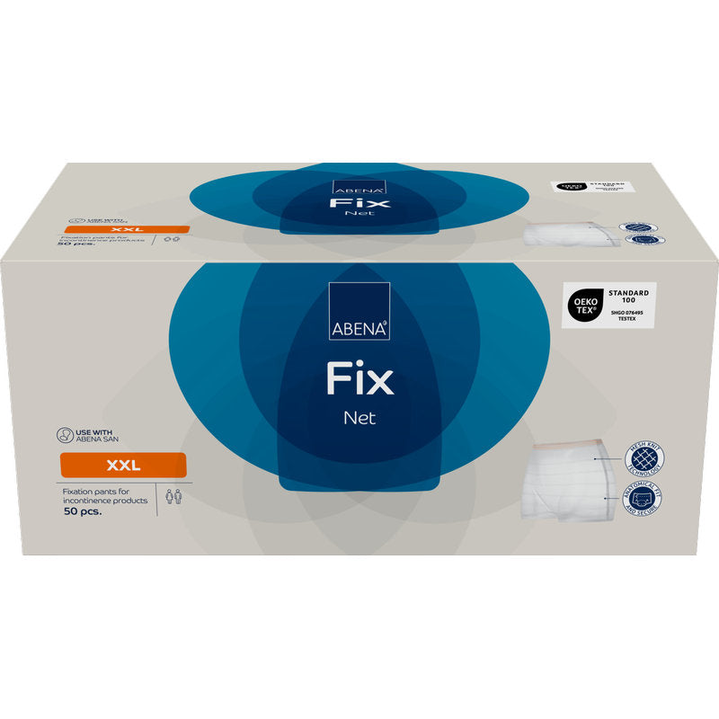 Eine rechteckige Schachtel mit Fixierhosen, ABENA Fix, Net der Abena Re-Seller GmbH, Größe XXL, enthält 50 Stück. Die überwiegend weiße Schachtel mit blauen und orangefarbenen Akzenten zeigt Produktdetails - ideal als zuverlässige Inkontinenzprodukte.