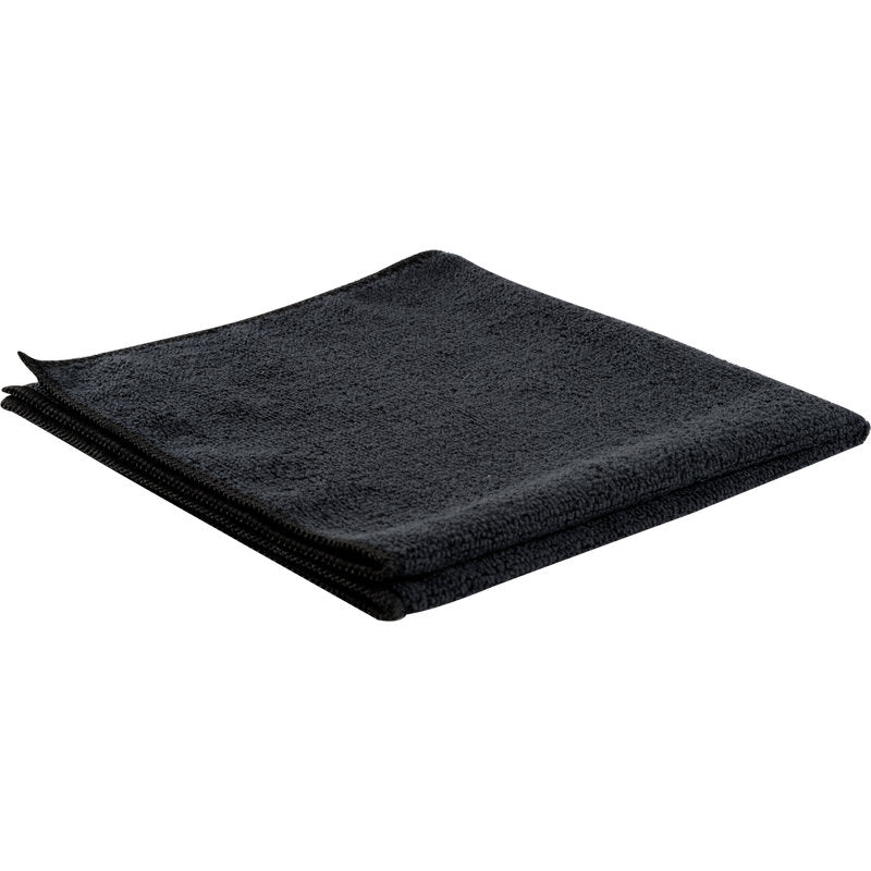 Ein sauber gefaltetes Mikrofasertuch ENA Standard von Abena Re-Seller GmbH (40x40 cm, schwarz) wird auf einer flachen weißen Oberfläche präsentiert und zeigt seine weiche Mikrofaserstruktur und die sauberen, verarbeiteten Kanten.