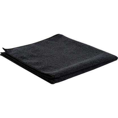 A neatly folded microfiber cloth ENA Standard by Abena Re-Seller GmbH (40x40 cm, black) is presented on a flat white surface, showcasing its soft microfiber texture and neatly finished edges.