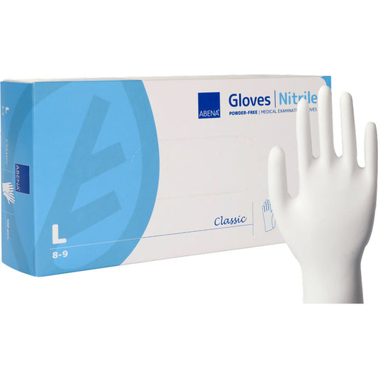Eine Box Abena Re-Seller GmbH Nitril-Handschuhe Classic, Puderfrei, Weiß in Größe Large 8-9 ist abgebildet. Daneben steht ein einzelner weißer Einweghandschuh aufrecht. Die Verpackung ist weiß-blau gestaltet.