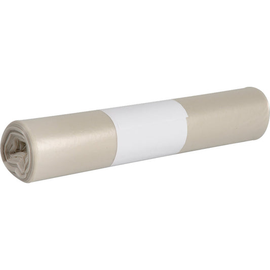 Ein aufgerollter Abena Re-Seller GmbH Abfallsäcke für Sækko Boy 40, 40 my LDPE Recycled Bag, mit einem weißen Papierband gesichert und auf einem weißen Hintergrund platziert.