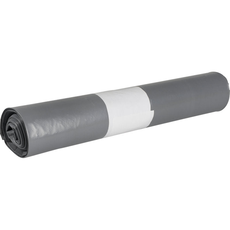 A roll of gray Abena Re-Seller GmbH trash bags for Sækko Boy 120, 55 my LDPE Recycled trash bags is labeled with a white tag and offers an eco-friendly solution for waste disposal.