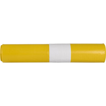 A cylindrical yellow object with a white stripe in the middle, resembling the trash bags for Sækko Boy 120, 55 my LDPE recycled by Abena Re-Seller GmbH, is depicted against a monochrome white background.