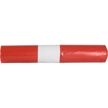 A roll of trash bags for Sækko Boy 120 (55 my LDPE Recycled) from Abena Re-Seller GmbH in red, with a white band in the middle, on a white background.